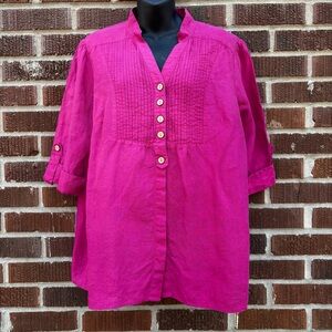 Autograph Women’s 1X Linen Pleated Pink Shirt Blouse 3/4 Sleeve